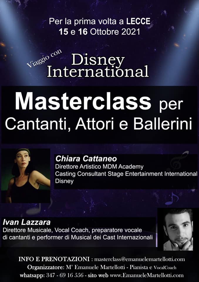 Esclusiva a Lecce: Masterclass per cantanti, ballerini di MUSICAL..con DISNEY INTERNATIONAL